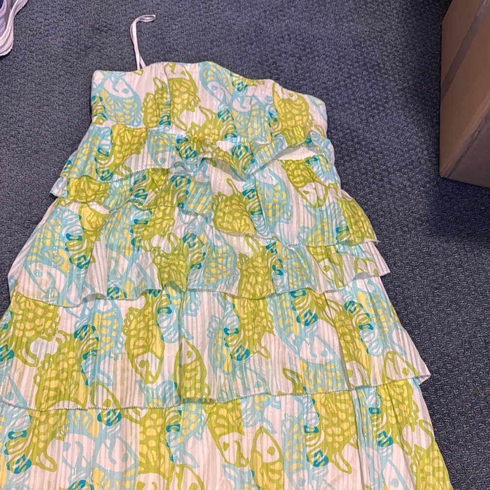 Lilly Pulitzer Green and Aqua Tiered Strapless Dress